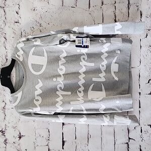 Boy's Champion Reverse Weave Crew All-Over Logo Script Oxford Grey - XL - NWT